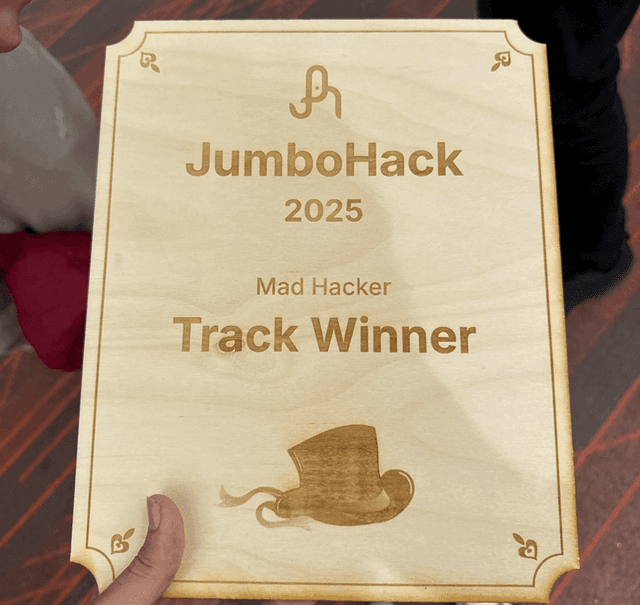 A plaque signifying Arman's team's victory of the largest track at Jumbohack 2025